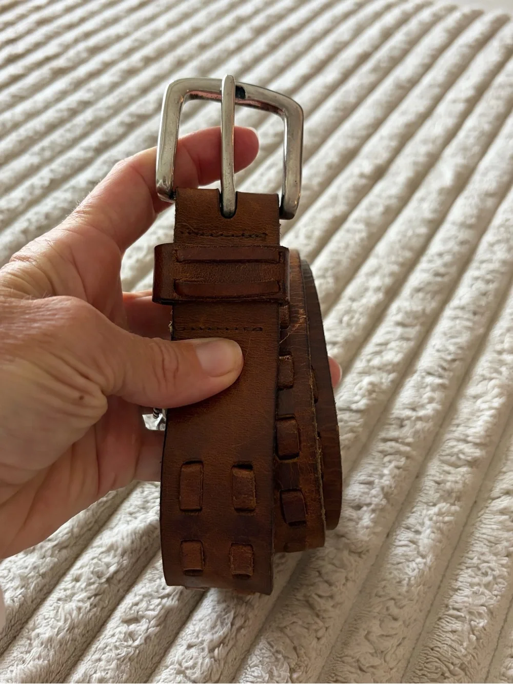Men's Tan Leather Belt with Polished Silver Buckle